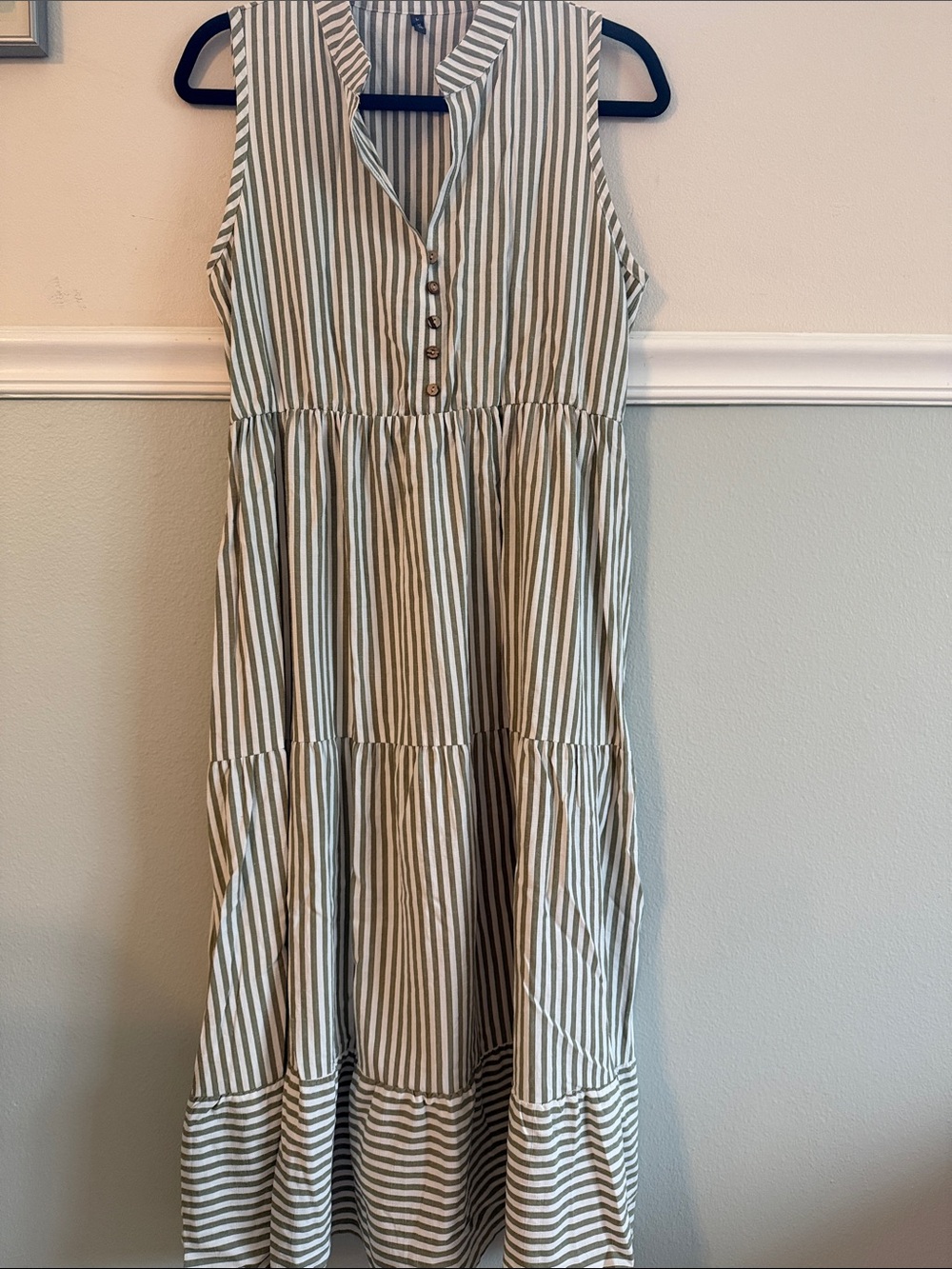 Sleeveless Green and White Striped Tiered Maxi Dress